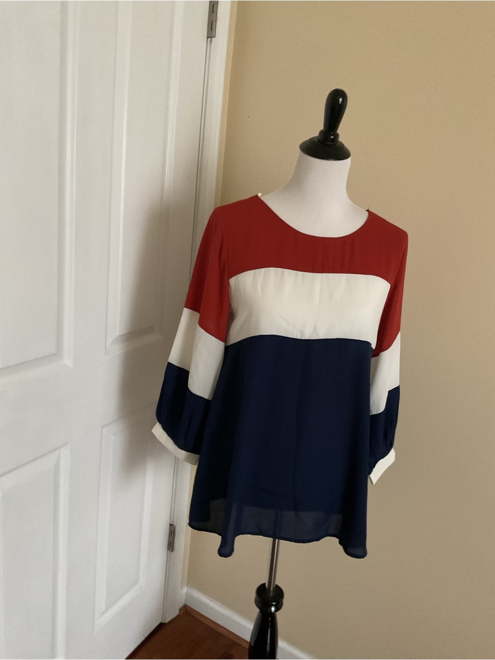 Andrée Round-Neck Blouse in Red, White & Navy